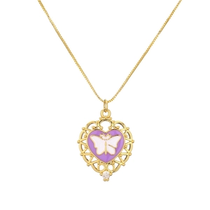 Hollow heart necklace with purple enamel and white butterfly pendant on white background