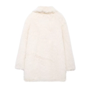Back view of stylish white faux fur coat featuring a soft plush texture and notched lapel