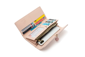 Detail showing the inner card slots and phone pocket of the pink faux leather wallet