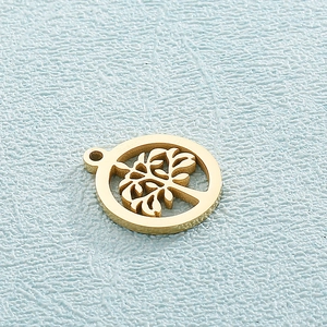 Golden stainless steel Tree of Life circular pendant with hollow design for jewelry making
