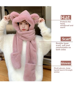 Pink 3-in-1 plush bear ear hood with integrated scarf and mittens for winter warmth