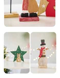 Close-up of wooden Christmas tabletop ornaments featuring Santa, reindeer, and snowman motifs