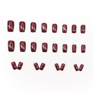 24pcs short square press-on nails in deep red with glitter stripes design