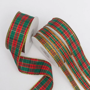 Christmas Plaid Ribbon Gold Edge Red Green Tartan Fabric For Gift Wrapping DIY Bows Holiday Party Decor