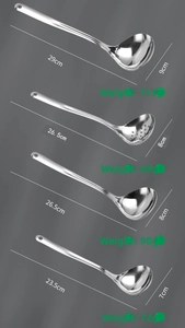 Detailed size chart for stainless steel soup ladles and heart-shaped slotted spoon set