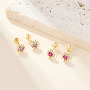 925 silver sunflower stud earrings with purple and red zircon stones in gold finish