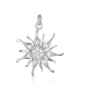 Detailed view of a silver starburst sun pendant featuring sparkling clear zircon stones