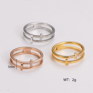 Hollow double cross stainless steel ring with micro-pave crystals in gold and silver