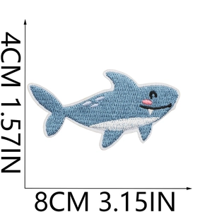 Detailed size view of a blue shark embroidered patch with dimensions 8cm by 4cm