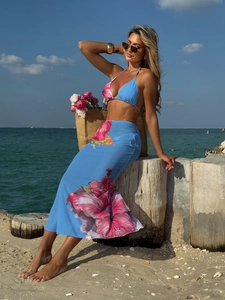 Three-piece bikini set with floral print and sheer mesh maxi skirt in blue for women