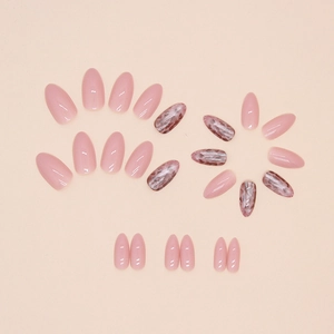 Short almond press-on nails set with soft pink color and brown marble texture design
