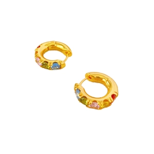 Golden round hoop earrings featuring multi-colored cubic zirconia inlay on white background