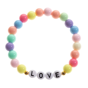 Detailed macro shot of colorful acrylic beaded bracelet featuring black LOVE letter beads