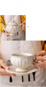 British style embossed white ceramic teapot set with heat resistant handle and floral texture