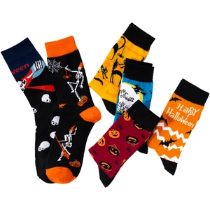 Detailed view of Halloween crew socks featuring pumpkins, bats, and skulls patterns