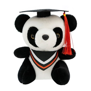 Adorable graduation panda plush toy featuring a black mortarboard cap and vibrant red tassel