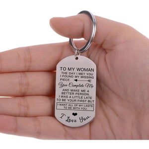 To My Woman stainless steel rectangle pendant keychain with romantic laser engraving
