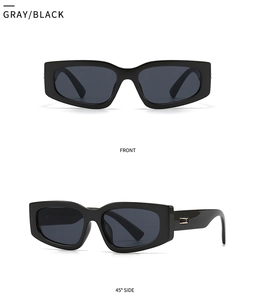 Close-up of gray and black square sunglasses showing front and side views with gold accents