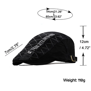 Classic cotton flat cap in black with diamond stitching and adjustable metal buckle back