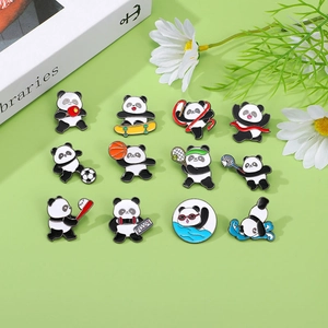 Set of 12 panda sports enamel pins featuring basketball and soccer on green background