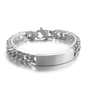Polished silver stainless steel Cuban link bracelet with rectangle ID plate on white background