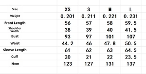 Detailed size chart showing measurements for doll collar long sleeve women's shirt