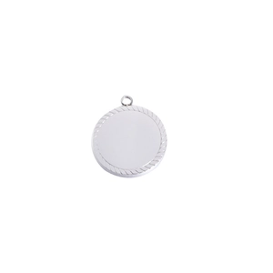 Close-up of a silver mirror-finish stainless steel round pendant with textured edges