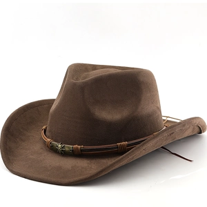 Western Cowboy Hat Faux Suede Wide Brim Retro Fedora For Men Women Outdoor Travel Sun Protection Metal Ornament Decor