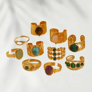 Set of 10 bohemian vintage style gold plated rings with colorful semi-precious gemstones