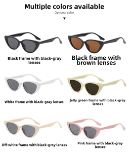 Multiple color options for retro cat-eye sunglasses including pink, white and green frames