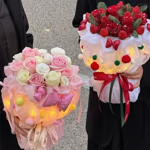 Christmas LED light-up handmade flower bouquet with roses and decorative bowknot