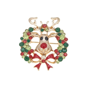 Detailansicht der Weihnachts-Rentier-Brosche mit funkelnden roten und grünen Kristallen