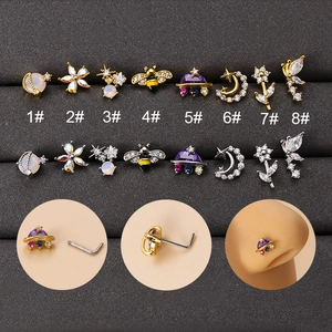 Fashion Nose Stud Stainless Steel L-Shape Bar Colorful Zircon Flower Butterfly Star Moon Piercing Jewelry For Women