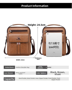 Detailed size chart and iPad comparison for the brown leather men's shoulder bag