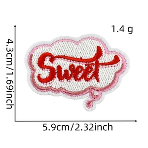 Cloud-shaped sweet embroidery patch with pink gradient border and size measurements