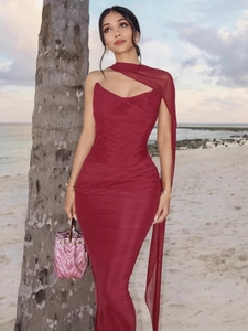 Ruched Mesh Evening Dress Women Slim Fit Strapless Maxi Gown For Party Banquet Elegant Bodycon Mermaid Dress