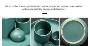 Detail view of matte green ceramic candle holder with wide base and round caliber design