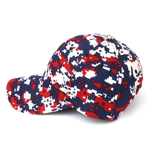 Side view of red and blue digital camouflage baseball cap with embroidery air holes
