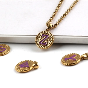 Gold stainless steel chain necklace with purple enamel letter Z pendant in round shape
