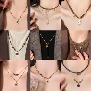 Tiger's Eye Sun Pendant Necklace Vintage Copper Chain Bohemian Layered Choker For Women Lightweight Elegant