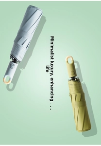 Detail of blue and green automatic umbrellas featuring unique circular ring hook handles