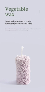 Detail of lavender rose carved vegetable wax candle with non-toxic floral texture