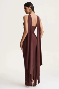 Detailed back view of a slim-fit dark wine red halter dress with long flowing ribbons
