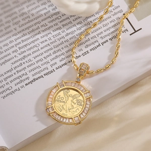 18K gold plated coin pendant necklace with zircon on open book, minimalist jewelry style