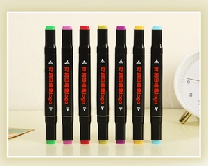 Detailed view of 7 dual-tip markers showing broad and fine nib icons in various colors