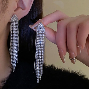 Elegant silver long tassel drop earrings with sparkling rhinestones for a luxury look