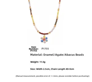 Detailed view of bohemian floral pendant with colorful agate beads and sizing specifications