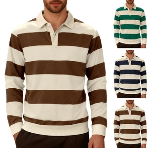 Polo Homme Manches Longues Polyester Élasthanne Rayé Contraste Col Revers Décontracté Tricoté Sportif Rétro Haut Mode