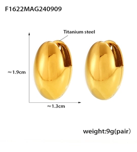 Detailed view of oval titanium steel earrings with dimensions 1.9cm height and 1.3cm width