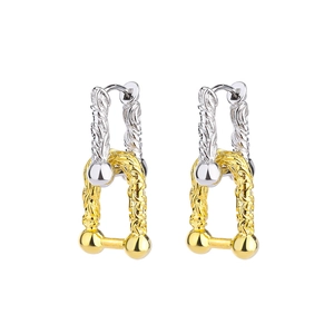 Vintage Arabesque Pattern Two-Tone Horseshoe U-Shaped Hoop Earrings For Women Geometric Copper Jewelry Accessories With Silver Post